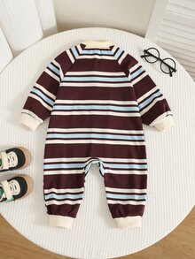 SHEIN 中性新生兒嬰兒男孩/女孩、幼兒秋冬保暖內裡加厚可愛對比色拼接條紋連身衣，嬰兒冬季連身衣，聖誕節 - 棕色 - 查看 2