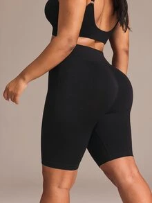 SHEIN Rhythm Era Women's Plus Size Solid Color High Waist Daily Fitness Sports Shorts - Black - View 3
