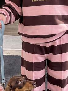 女童復古混色條紋長袖運動衫與百褶寬腿運動長褲套裝，適合派對、日常、度假 - 彩色 - 查看 8