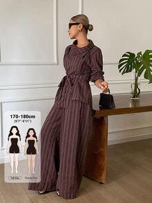 Dazy Tall Women's Striped Tie Front Shirt & Long Pants Casual Two Pieces Set - Brown - View 1