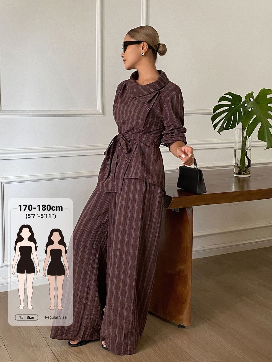 Dazy Tall Women's Striped Tie Front Shirt & Long Pants Casual Two Pieces Set - Brown - View 1