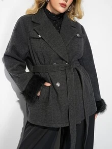 Plus Size Women's Knotted Waist Casual Daily Overcoat - Grey - View 7