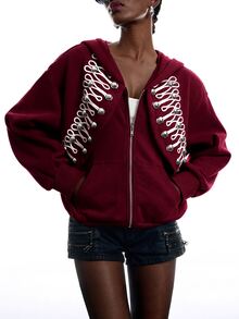 LYSMO Women's Long Sleeve Zipper & Button Design Hooded Sweatshirt - Burgundy - View 7