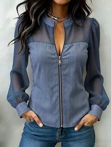 SHEIN Fashionable Commuter Small Stand Collar Patchwork Chiffon College Daily Wear Travel Casual Women Blue Shirt - Blue - View 1