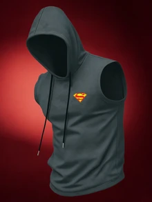 SUPERMAN X SHEIN Gym Rark Men's Letter Print Drawstring Hooded Sports Tank Top - Grey - View 6