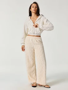 SHAPORA Women's Casual Plush Jacquard Hooded Jacket & Loungewear Top 2pcs Set - Multicolor - View 5