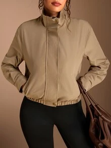 SHEIN BASICS Women's Street Fashion Casual Button Pocket Long Sleeve Jacket Everyday Travel Khaki Autumn Fall/Winter Winter Warmth - Khaki - View 9