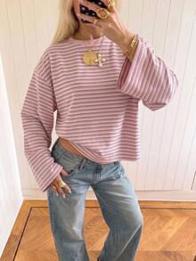 SHEIN EZwear 海外長袖草莓巧克力條紋上衣，秋季上衣，適合日常通勤、聚會、秋冬夏季、聖誕節、新年、感恩節、派對、婚禮、海灘、畢業典禮、優雅、外出、約會、通勤、情人節、優雅、度假、Y2K、畢業典禮及其他場合 - 彩色 - 查看 3