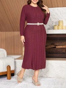Lacomfia Plus Size Twisted Knit Elegant Minimalist Polar Fleece Dress - Burgundy - View 5