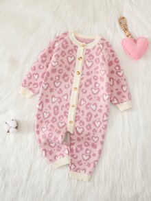 SHEIN 愛心豹紋淺粉色圓領長袖嬰兒毛衣連身衣附帽子，柔軟舒適，適合日常穿著、外出、旅行、度假、育兒及各種場合，亦適用於秋冬季節、聖誕節、萬聖節、開學季、派對等場合，春秋冬三季百搭女童假日理想穿搭 - 淺粉色 - 查看 1