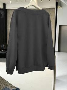 SHEIN EZwear 休閒極簡深灰色女款V領寬鬆大版型運動衫，適合秋冬穿著的秋季運動衫 - 深灰色 - 查看 2