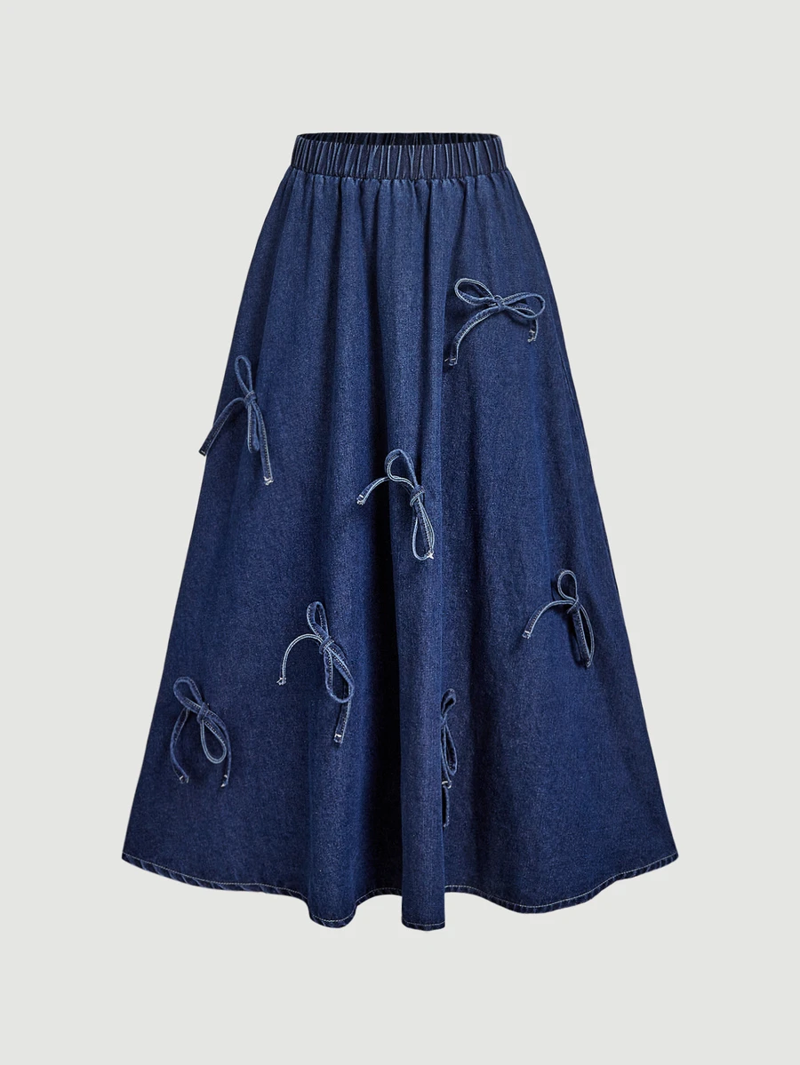 Sweetra Women's Bow Decor Elastic Waist Casual Denim Skirt - Dark Wash - View 1