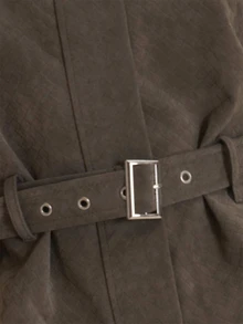 MUSEYN Jaket Abu-abu PU dengan Detail Tenun dan Sabuk Pengikat Pinggang, Serbaguna untuk Sehari-hari, Kasual, dan Musim Gugur. - Olive Green - View 6