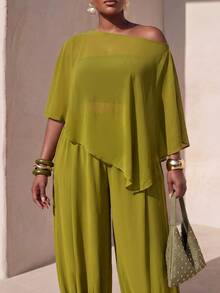 Zivah Plus Size Women Solid Color Asymmetrical Shoulder Top And Pants Casual Daily 2 Pieces Set - Olive Green - View 3