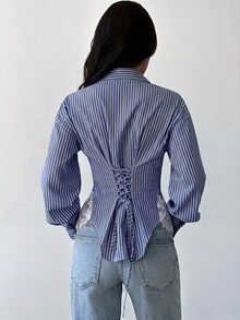 Firerie 女款藍白條紋長袖襯衫，腰部繫帶後背設計，日常通勤、度假，修身版型，春夏秋冬皆宜，優雅法式風 - 藏蓝色 - 查看 2