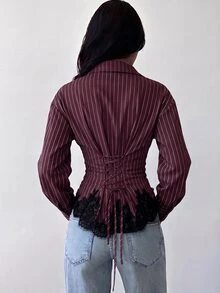 Firerie 女款酒紅色長袖襯衫，綁帶腰部後背設計，適合日常通勤、度假，修身版型，春夏秋冬四季穿著，優雅風格 - 酒紅色 - 查看 2