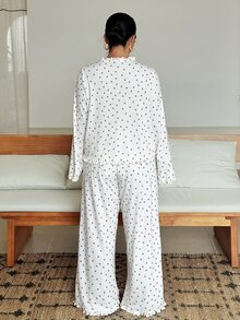 Dazy Plus Heart Print Frill Trim Tie Front Top & Lace Trim Long Pants Pajama Set - Apricot - View 2