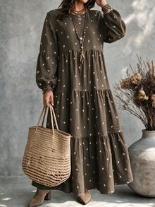 Ceyna 大尺碼女款法式休閒優雅圓領仿刺繡寬鬆長袖洋裝 - 棕色 - 查看 3