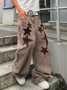 STEELVANCE 街頭風復古時尚百搭做舊水洗刺繡設計寬鬆直筒寬腿休閒牛仔褲（不含腰帶與配件） - 咖啡棕 - 查看 5