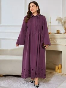 Al Najma Plus Size Women's Burnout Button Half-Placket Pleated Dress - Purple - View 3