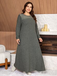 Lacomfia Hollow Lace Patchwork Knit Brushed Ribbed Loose Long Sleeve Dress Casual Minimalist Fashion Elegant Comfortable Plus Size - Fresh Green - View 3