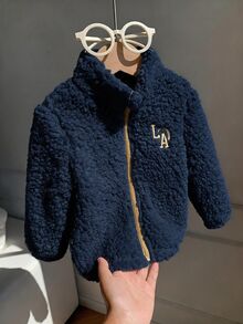 SHEIN 男嬰可愛秋冬百搭毛茸茸杏色刺繡圖案立領夾克 抓絨外套 嬰兒外套 秋冬厚款白色夾克 - 藏蓝色 - 查看 5