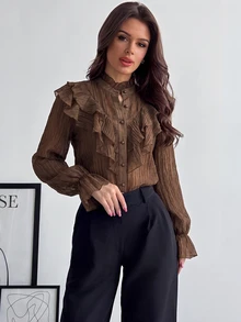 Firerie Autumn Women Elegant Sophisticated Romantic Palace Vintage Stand Collar Ruffle Jacquard Textured Button Bell Sleeve Apricot Blouse Going Out Tops - Brown - View 1