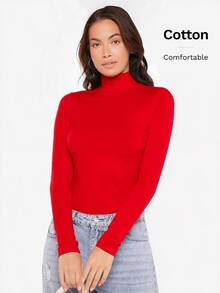 SHEIN BASICS 女款高領長袖羅紋針織修身T恤上衣，黑色 - 紅色 - 查看 6