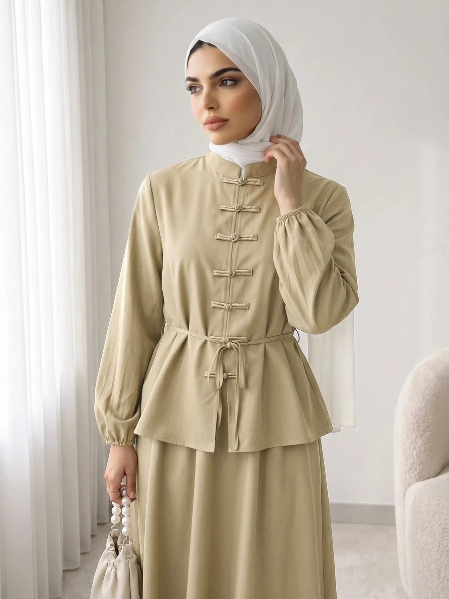 Solavon New Design Modern Chinese Style Frog Button Waist Tie Blouse And Skirt Casual Versatile Set - Khaki - View 1