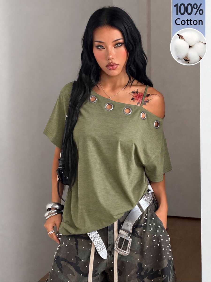 Coolane 女款秋季街頭風外出穿搭 Y2K 骷髏圖案萬聖節套裝 寬鬆版 - 軍綠色 - 查看 1