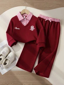 SHEIN Elladie kids 女童白色粉色 2 件套，長袖衛衣領拼接設計，羅紋袖口，寬腿褲，春秋穿著，7 歲生日秋季款 - 紅色 - 查看 5