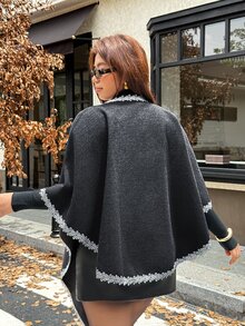 Vionelle Plus Size Women Elegant Solid Color Grey Wool Shawl Collar Lace Patchwork Asymmetrical Hem Loose Fit Autumn Winter Overcoat - Dark Grey - View 2