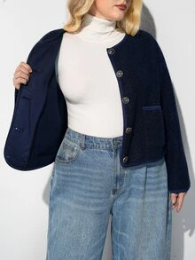 Maija Plus Size Women's Solid Color Casual Daily Wear Wool Blend Coat - Navy Blue - View 8