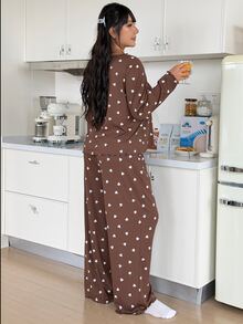 ZzzCrew Ribbed Heart Plus Size Women Pajama Set Casual Loungewear - Coffee Brown - View 3