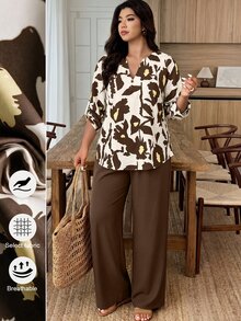 EMERY ROSE Women Plus Size Notch Collar Button Up Floral Print Contrast Color Botanical Print Set 2pcs Random Print - Multicolor - View 4