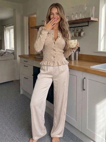Livesso Women's Solid Color Long Sleeve Top And Pants Casual Daily Loungewear Set - Apricot - View 11
