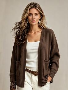 SHEIN Women Casual Renaissance Cardigans Everyday Travel Coffee Brown Autumn - Coffee Brown - View 7
