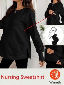 SHEIN Maternity Solid Color Round Neck Raglan Long Sleeve Casual Nursing Sweatshirt Winter - Black - View 2