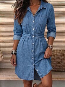 SHEIN Plus Size Fashion Button Long Sleeve Pocket Denim Dress - Blue - View 3
