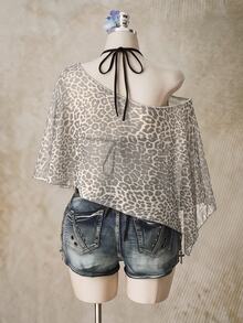 SHEIN ICON Casual Minimalist Sexy Asymmetrical Shoulder Washed White Grey Leopard Print Plus Size Mesh Women's Top - Multicolor - View 2