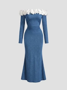 SHEIN MOD Women's 3D Floral Decor Off-Shoulder Long Sleeve Fitted Elegant Denim Dress - Blue - View 3