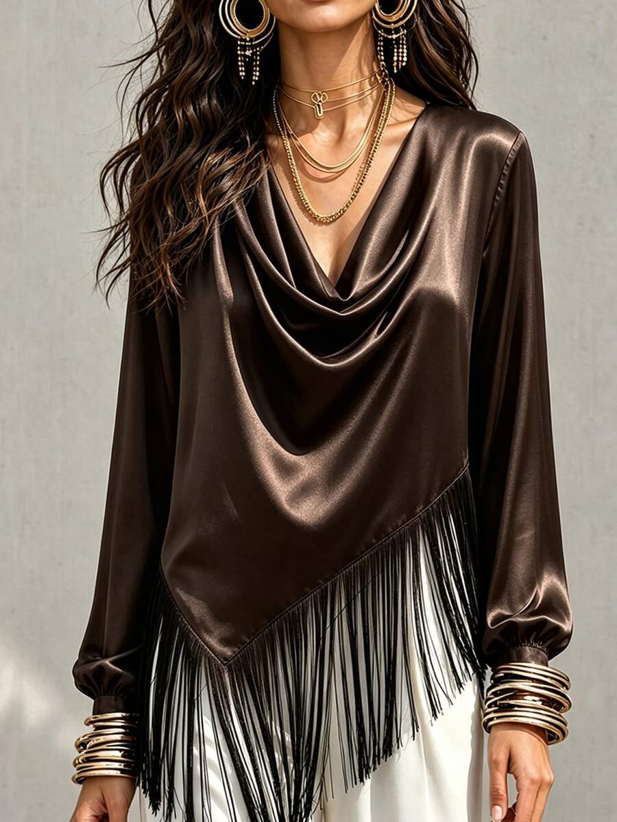 LUMIGAL Women's Asymmetric Cowl Neck Patchwork Tassel Satin Long Sleeve Blouse - Coffee Brown - View 1