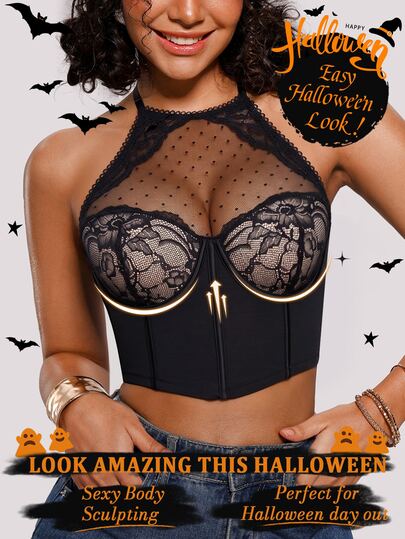 SHEIN Women's Underwire Halter Neck Open Back Waist-Cinched Polka Dot Sexy Lace Patchwork Halloween Theme Wearable Bra 1pc