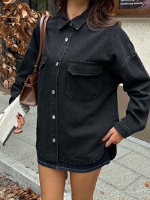 Rivivi 女款單排扣休閒牛仔夾克，適合日常穿著 - 黑色 - 查看 3