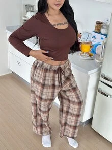 ZzzCrew Plus Size Brown Round Neck Long Sleeve Top & Cotton Blend Comfortable Plaid Pajama Pants Home Wear 2pcs Set - Brown - View 6