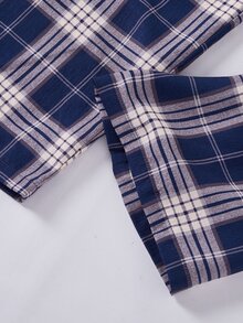 1 Set Girls' Plaid Pajama Set, Navy Blue Solid Color Half-Button Top, Blue & White Classic Plaid Print Pants, Soft Skin-Friendly Woven Fabric, Smooth Drape Comfortable (1 Set Sold Separately) - Multicolor - View 12