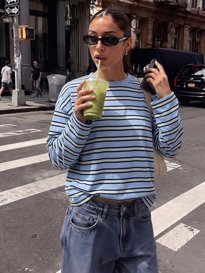 Athîral Women's Casual Round Neck Knit Striped Blue Loose Long Sleeve T-Shirt, Autumn Daily School Date Party Outfit