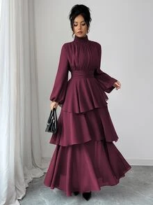Elenzga 女款純色透視雪紡洋裝，高領收腰 A 字版型，層次荷葉邊下擺，燈籠袖，酒紅色，優雅端莊秋季晚宴穿搭 - 酒紅色 - 查看 3