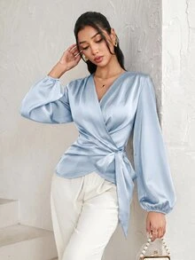 Modelyn 女款優雅百褶前綁帶長袖襯衫 - 藍色 - 查看 4