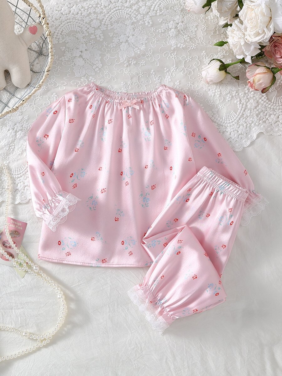 Infant Girl Ditsy Floral Print Pattern 3D Bow Ruffle Trim Cuffs Long Sleeve Pants Satin Set Loungewear - Pink - View 1
